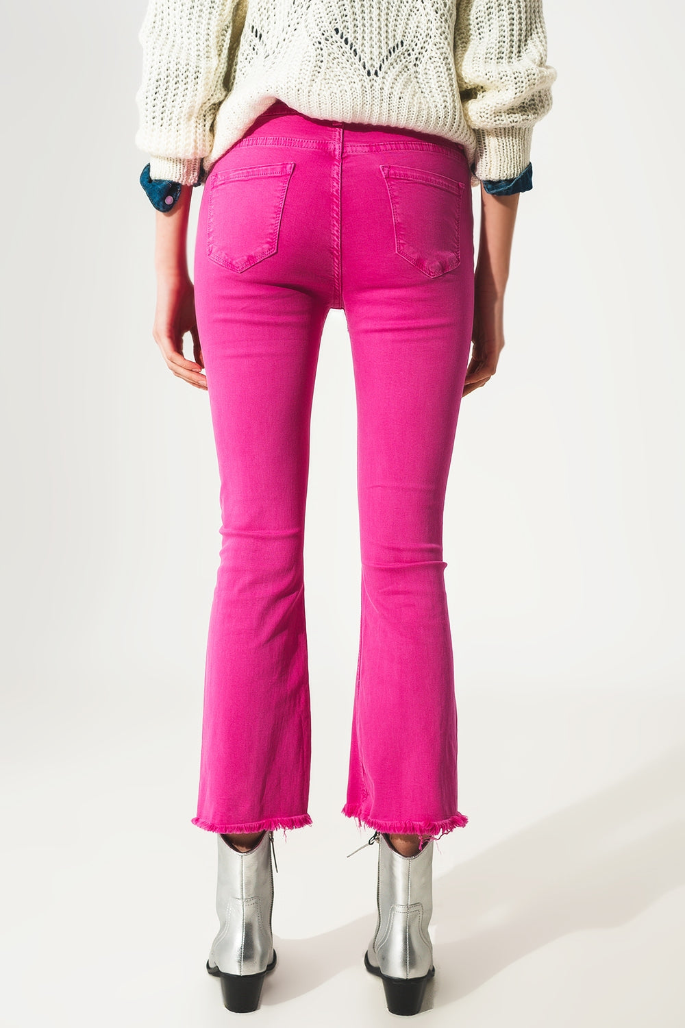 Flare jeans with raw hem edge in fuchsia Q2 Jeans BoutiqueLua