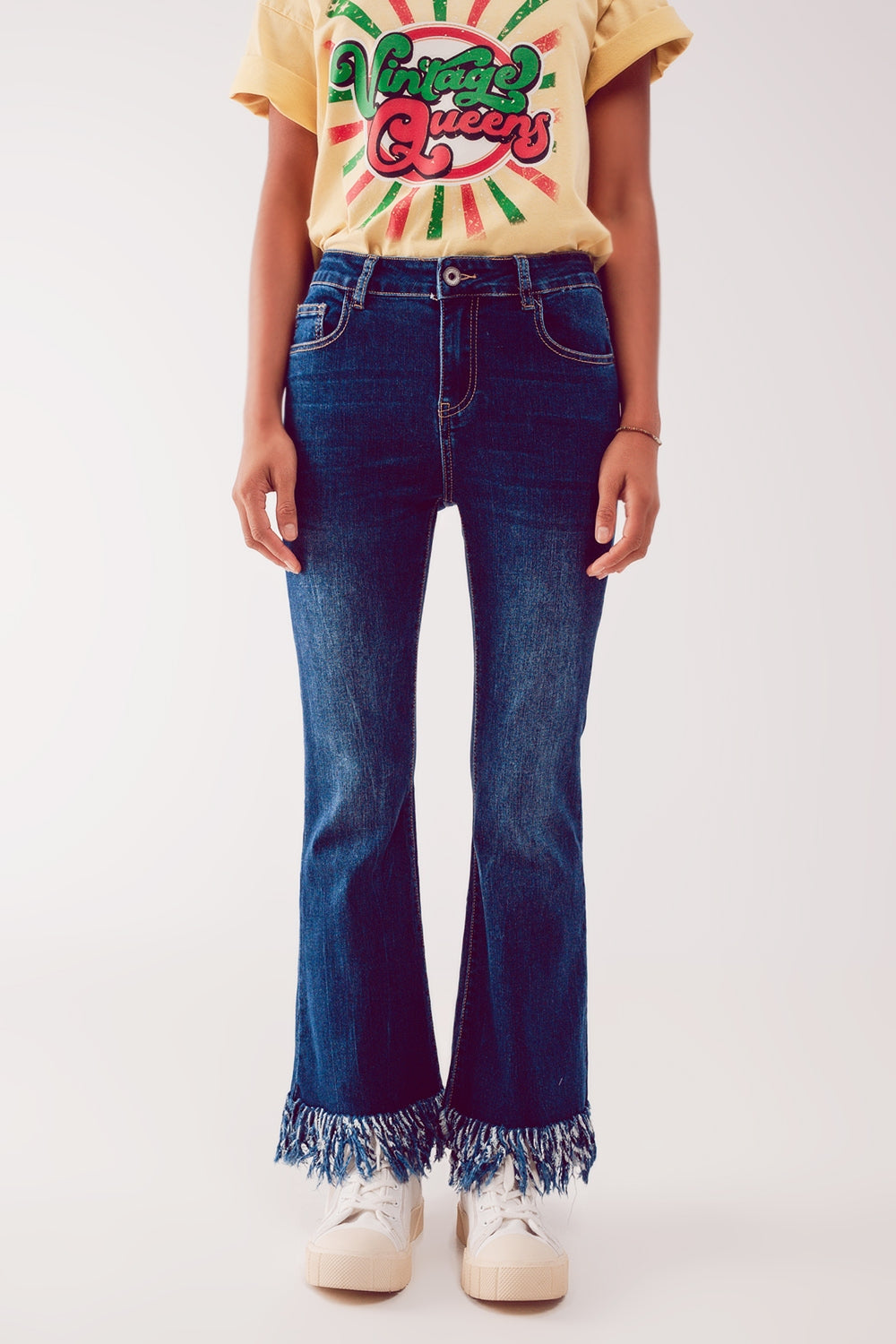 Flare straight leg jeans with raw hem edge in deep blue - Jeans
