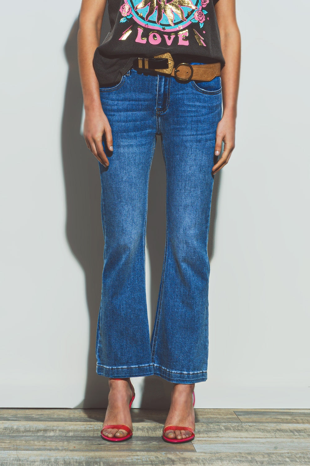 Flared double button waist jeans in blue denim - Jeans