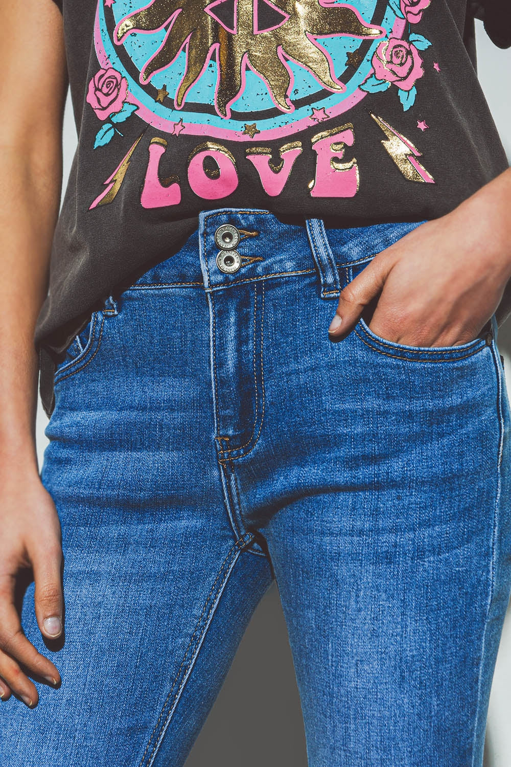 Flared double button waist jeans in blue denim - Jeans
