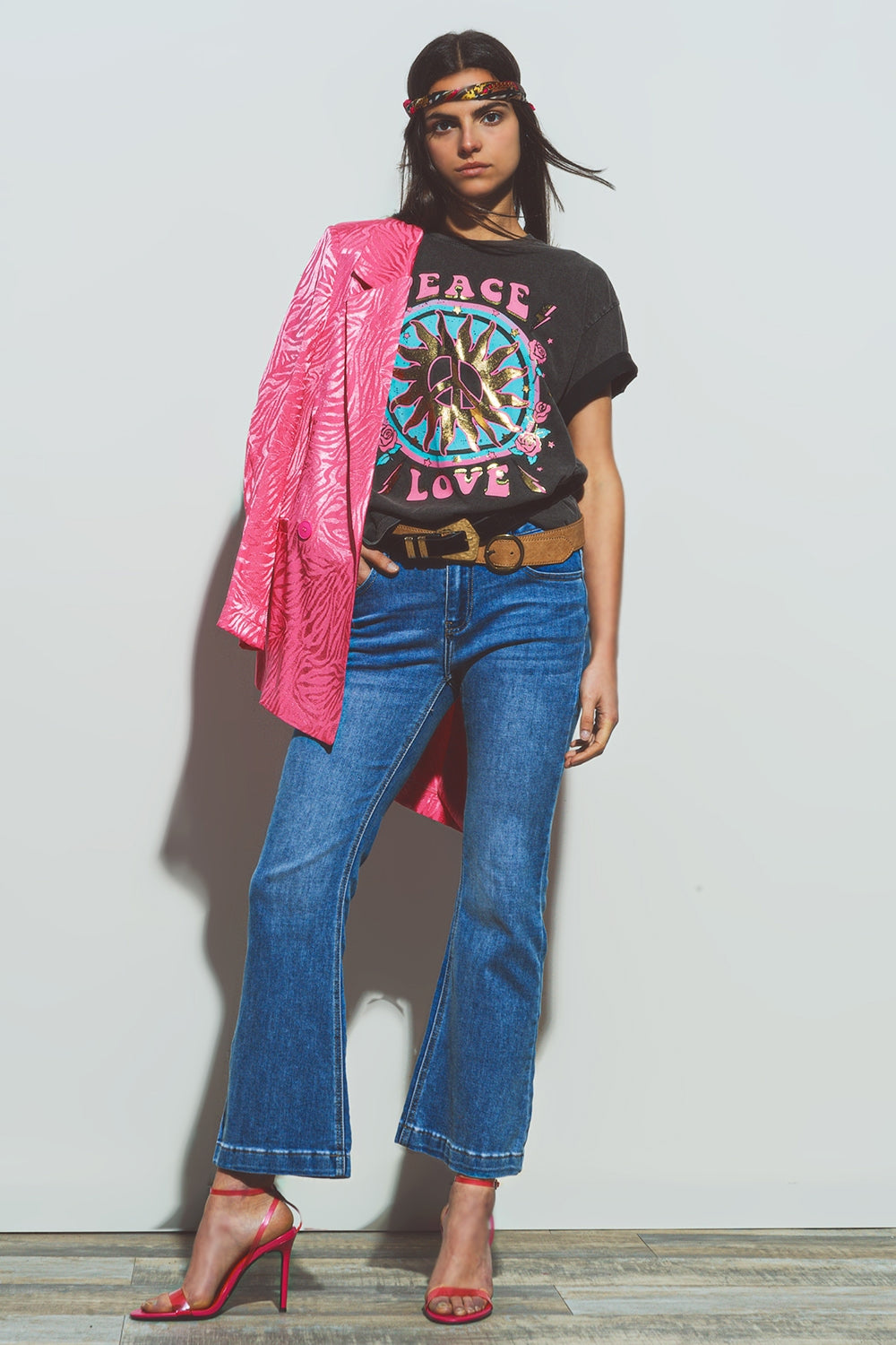 Flared double button waist jeans in blue denim - Jeans