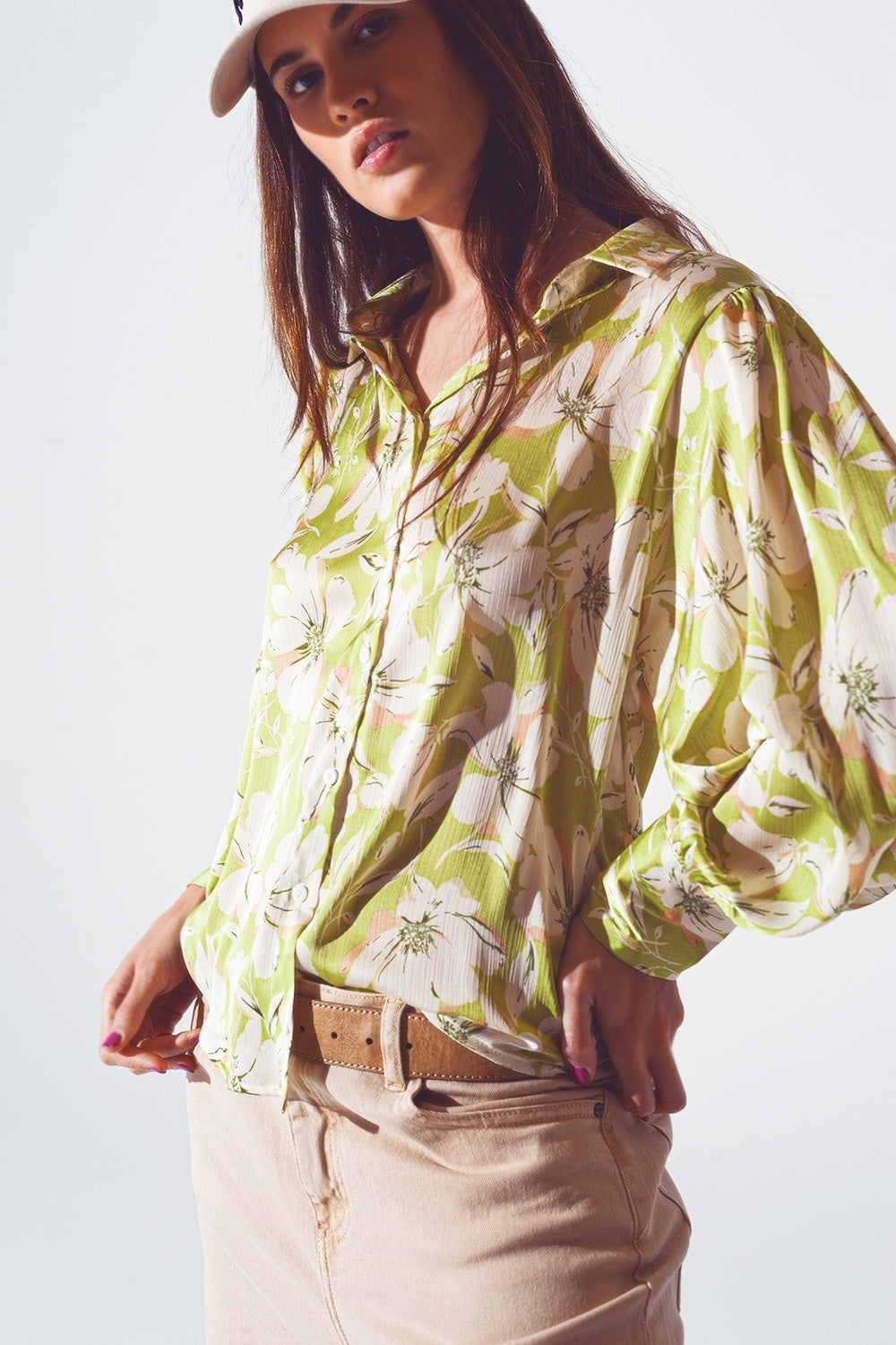 Floral Print chiffon Shirt in Green Q2 Shirts BoutiqueLua