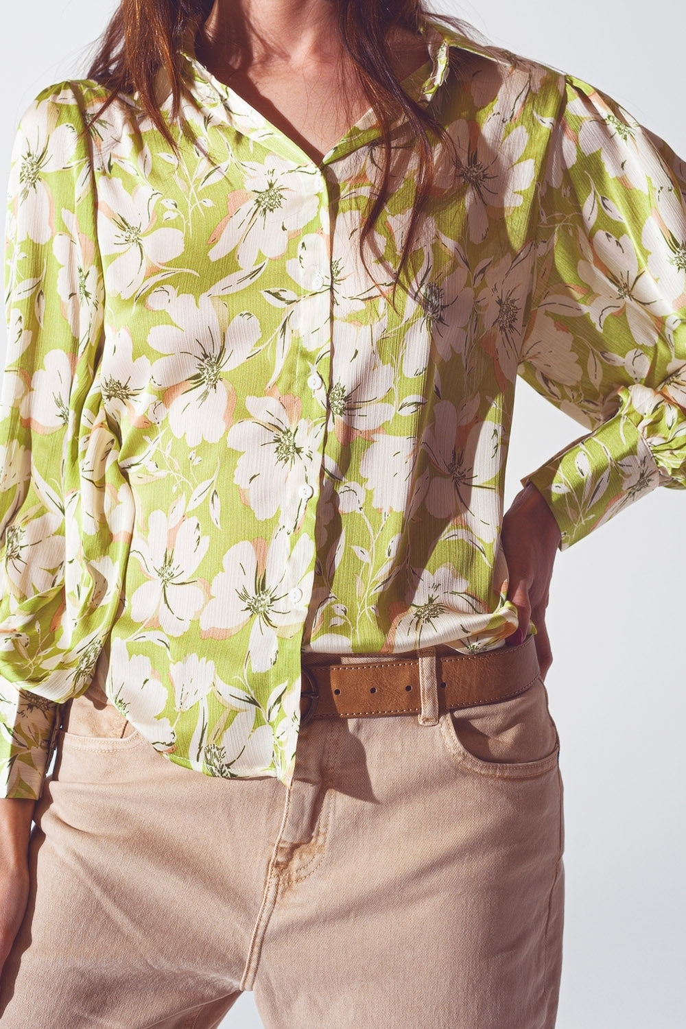 Floral Print chiffon Shirt in Green Q2 Shirts BoutiqueLua