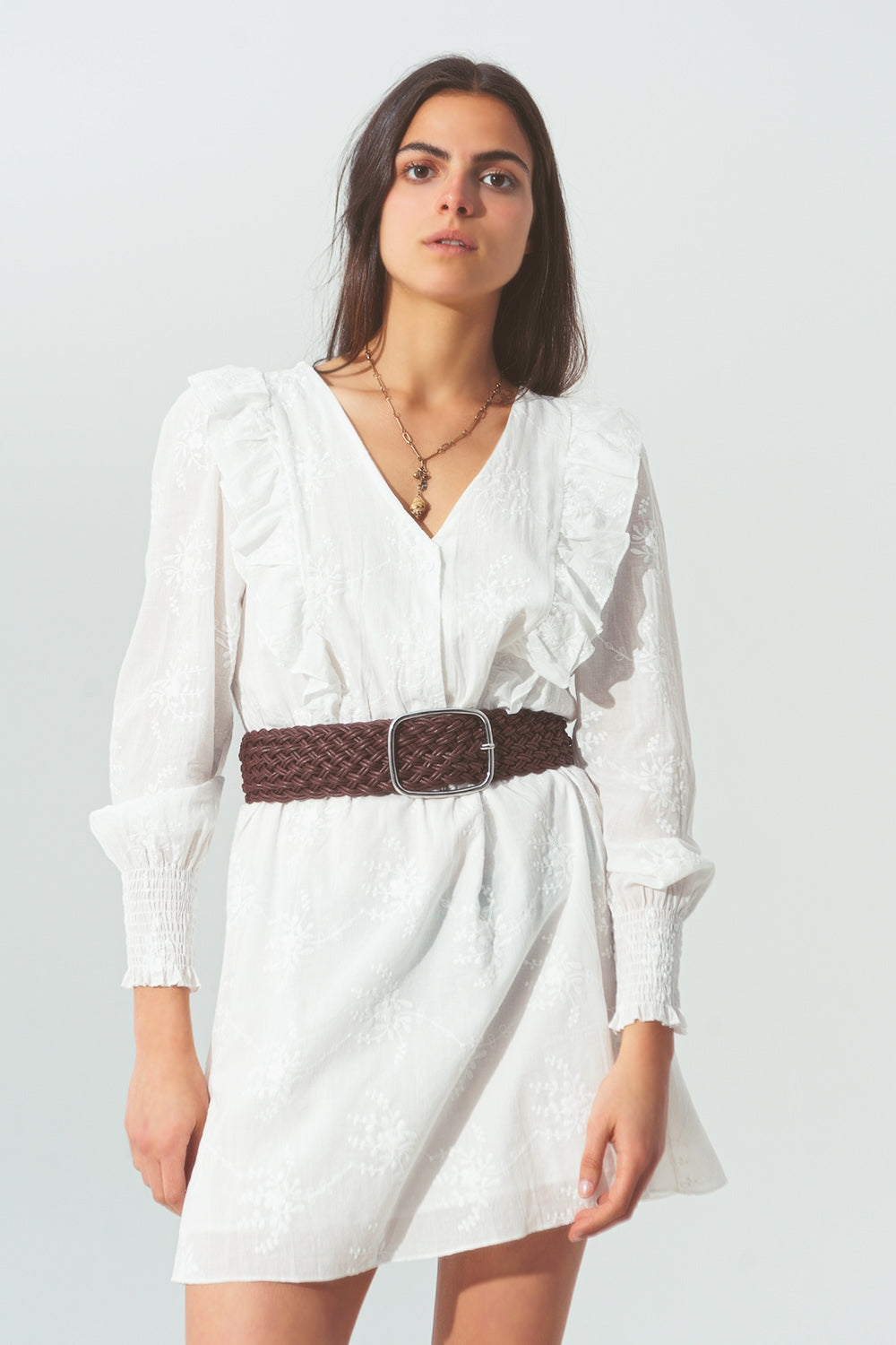 Floral Ruffle Mini Dress in White Q2 Dresses BoutiqueLua