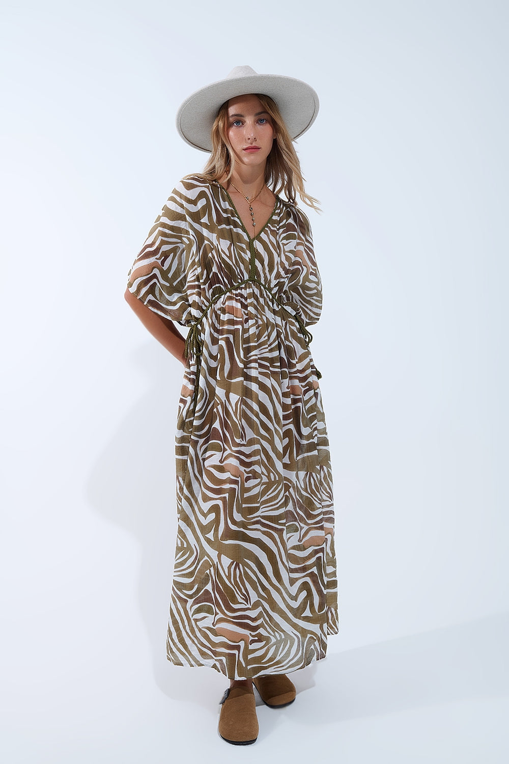 flowy chiffon Khaki Zebra Print Maxi Dress with Drawstring Waist - Dresses