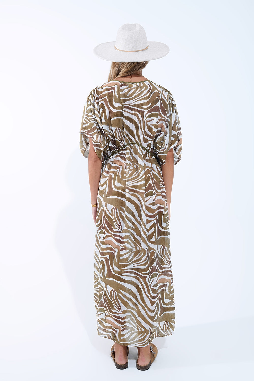 flowy chiffon Khaki Zebra Print Maxi Dress with Drawstring Waist - Dresses
