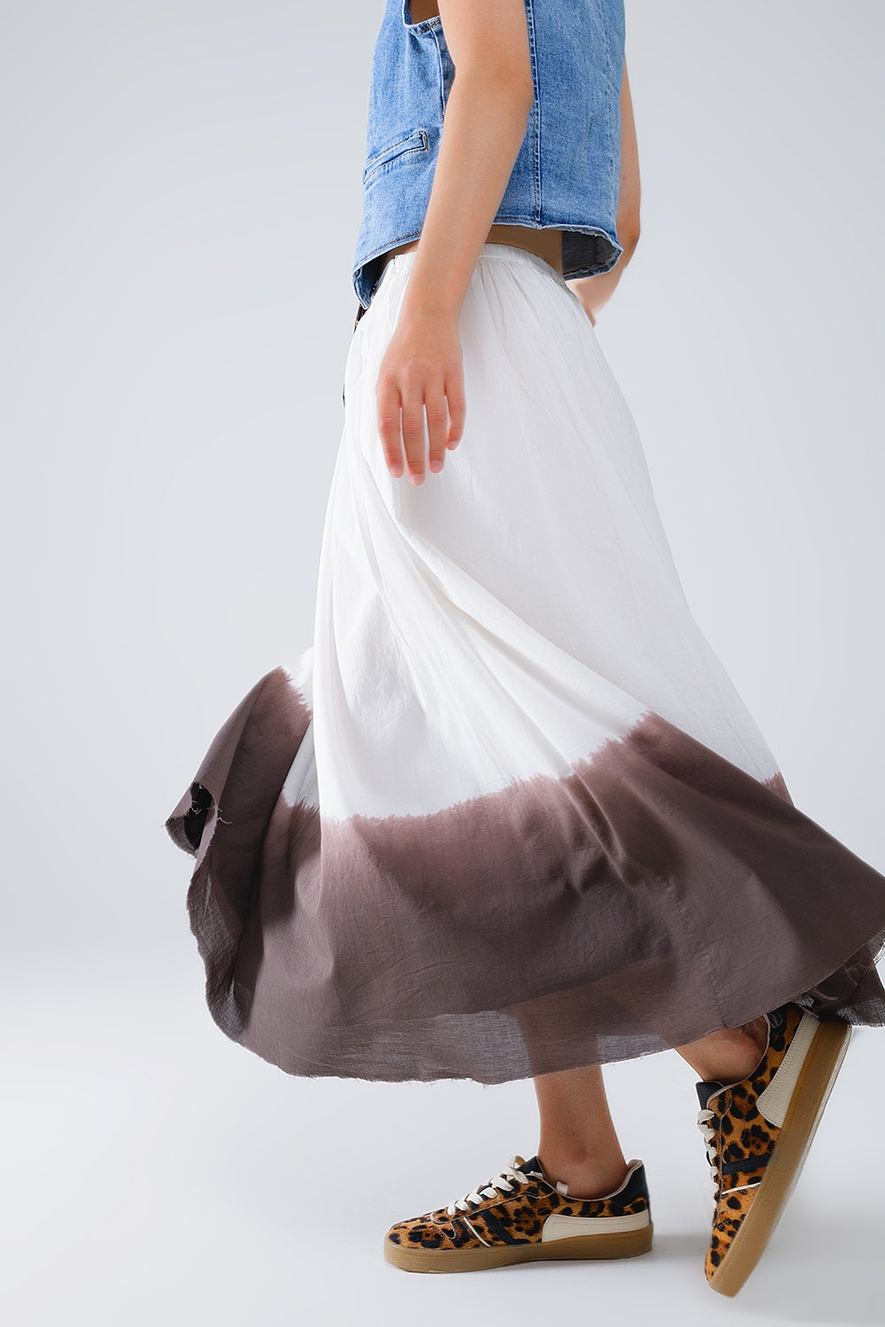Flowy Drop Waist White Skirt With Brown Ombre Detail - Skirts
