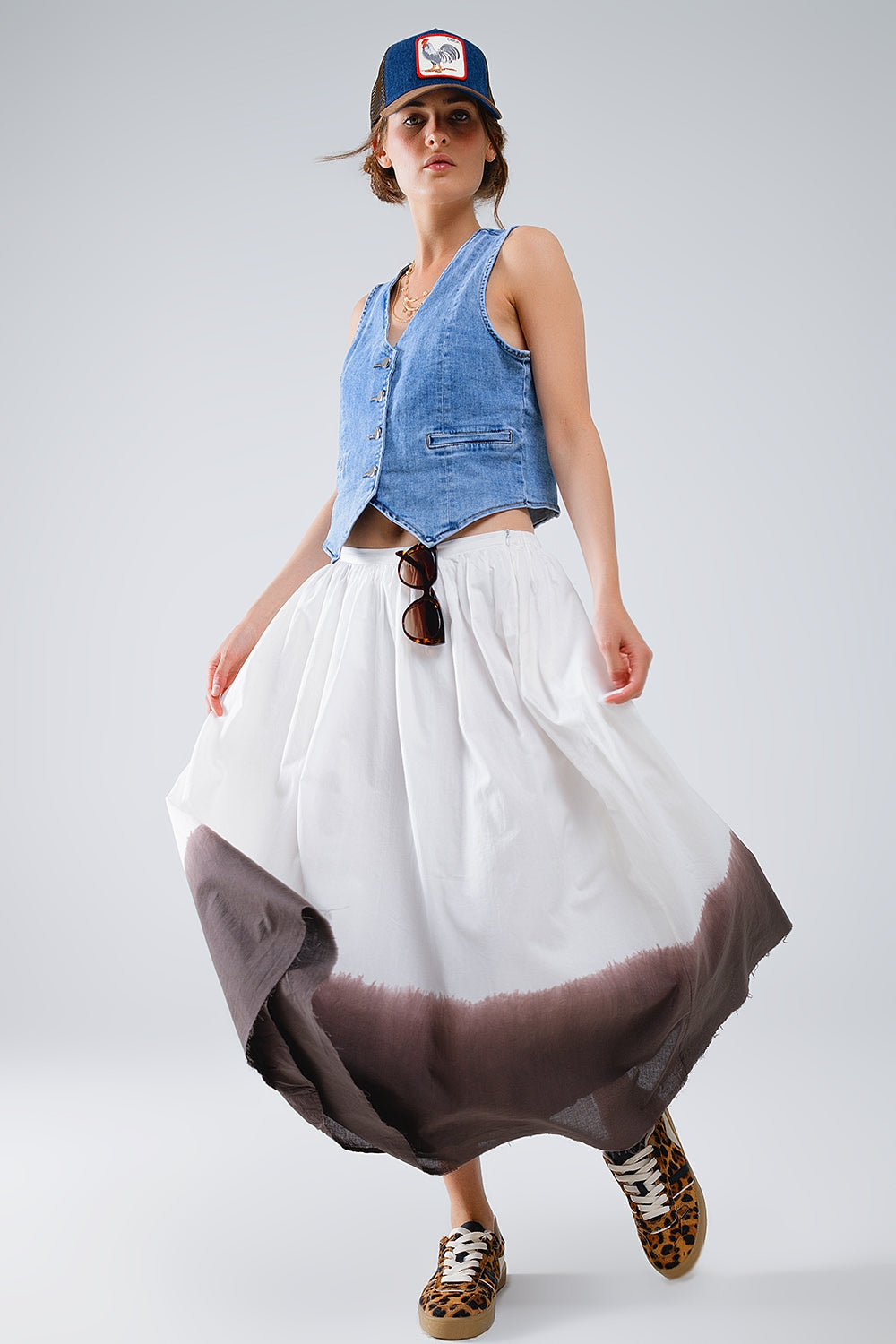 Flowy Drop Waist White Skirt With Brown Ombre Detail - Skirts