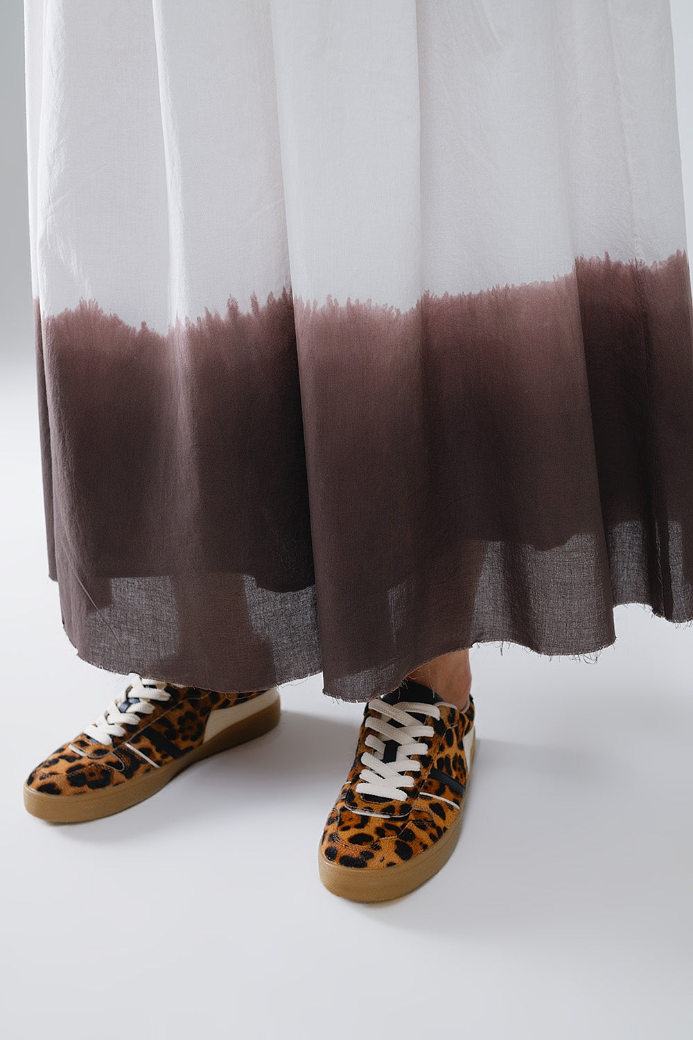 Flowy Drop Waist White Skirt With Brown Ombre Detail - Skirts