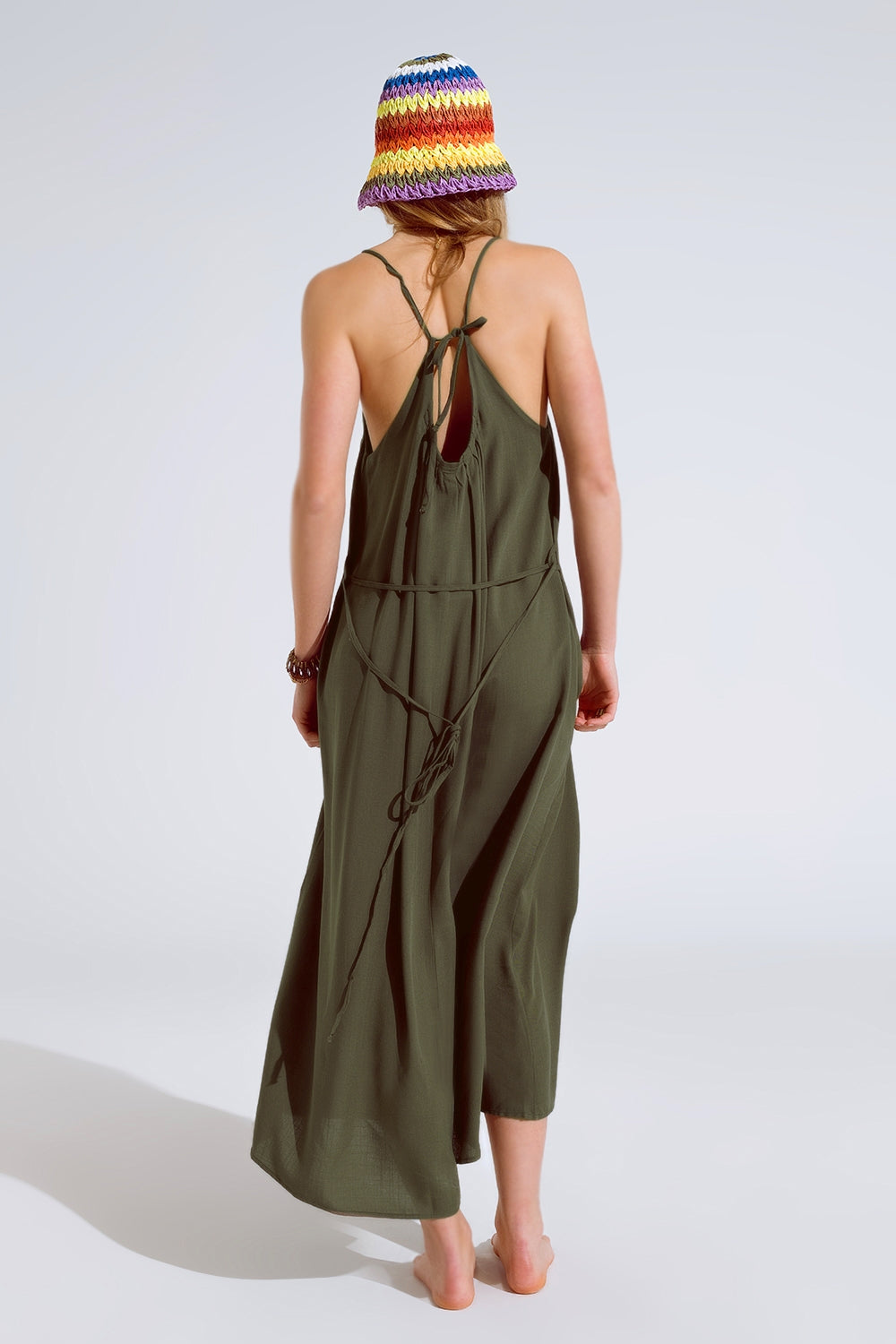 Flowy Khaki maxi Dress With Spaghetti Straps And Beaded Details Q2 Dresses BoutiqueLua