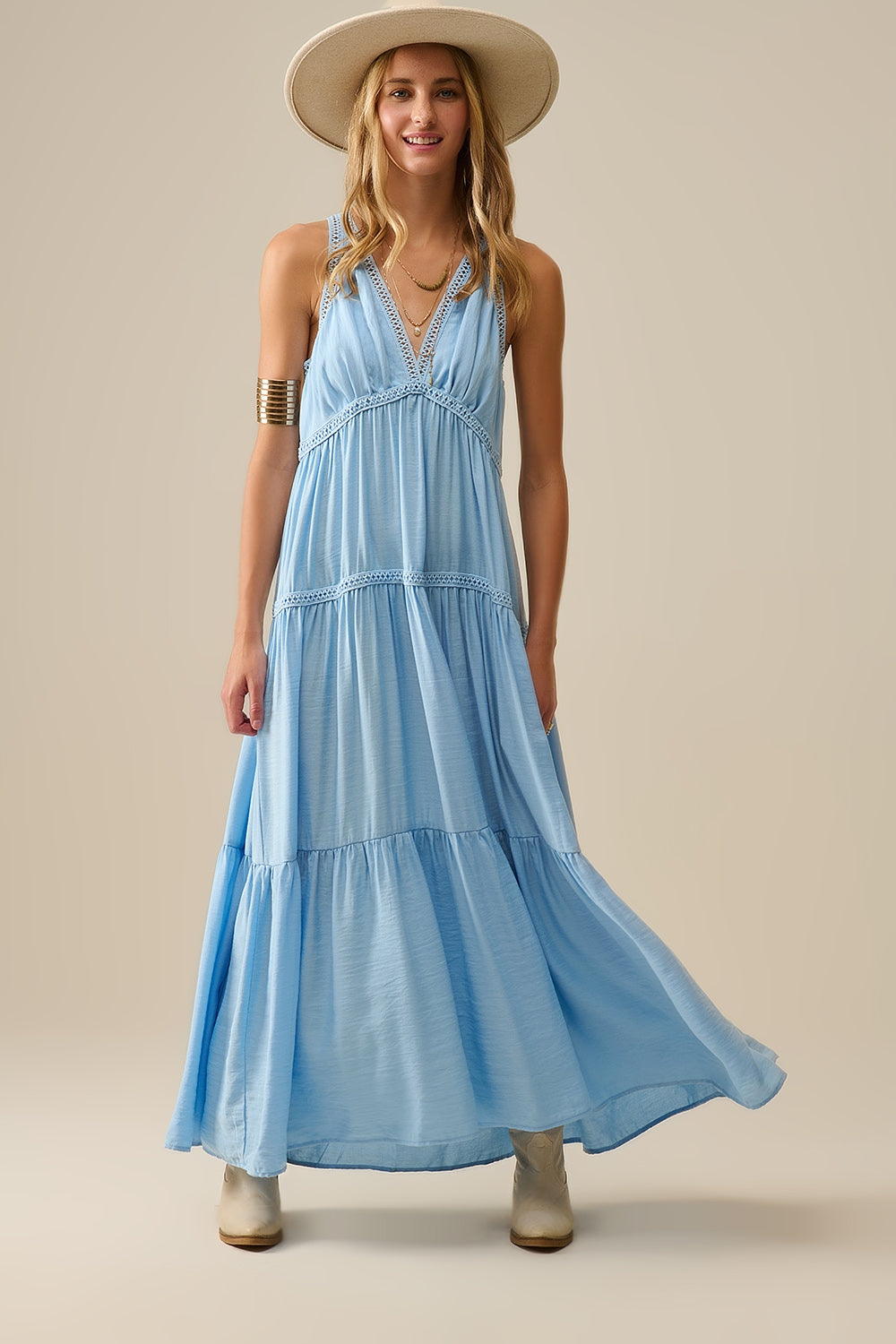 Flowy Maxi Dress with Lace Inserts in Light Blue - Dresses