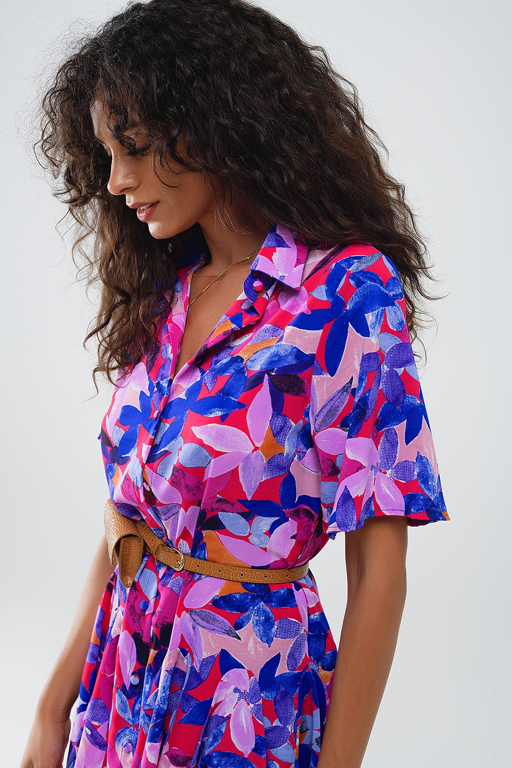 Flowy Short Shirt Dress With Abstrat Print In Fuchsia and Purple - Dresses