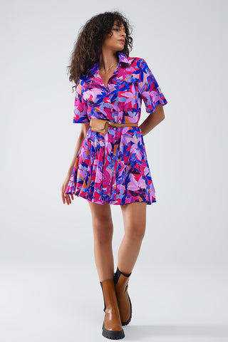 Flowy Short Shirt Dress With Abstrat Print In Fuchsia and Purple