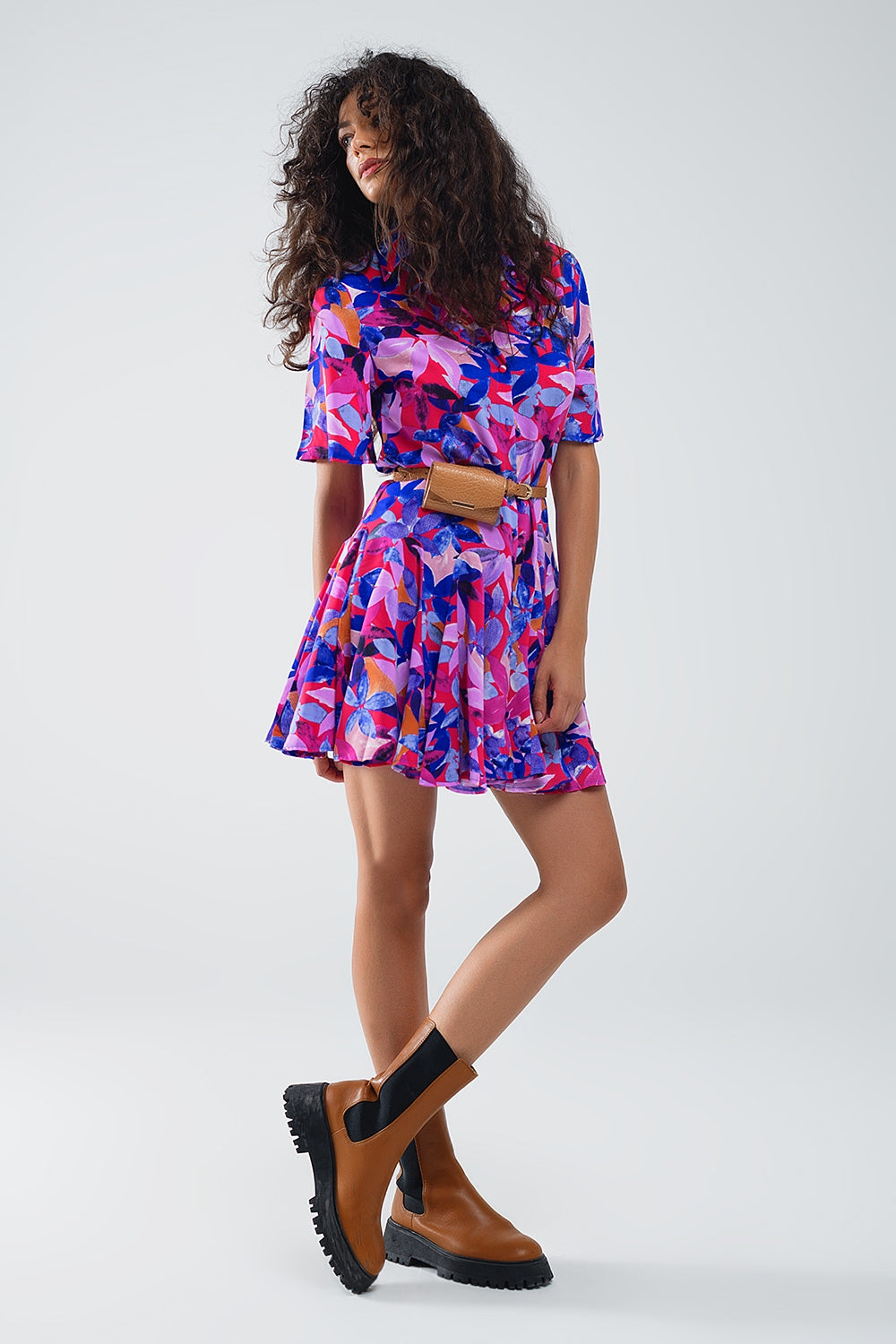 Flowy Short Shirt Dress With Abstrat Print In Fuchsia and Purple - Dresses