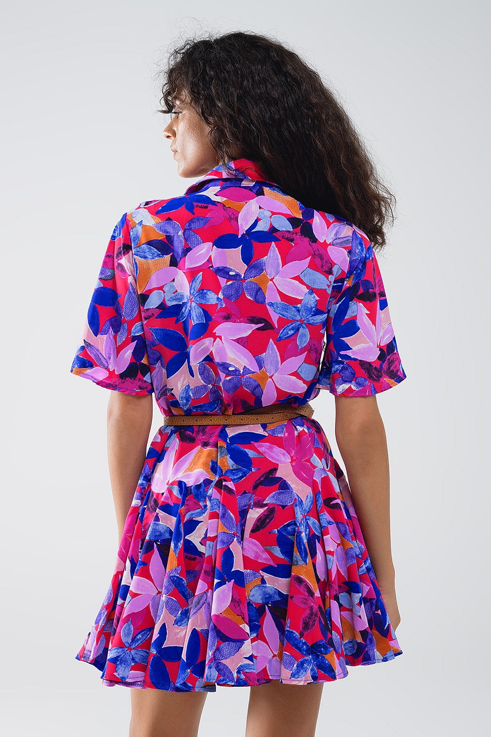 Flowy Short Shirt Dress With Abstrat Print In Fuchsia and Purple - Dresses