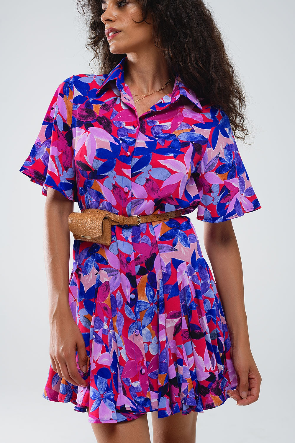 Flowy Short Shirt Dress With Abstrat Print In Fuchsia and Purple - Dresses