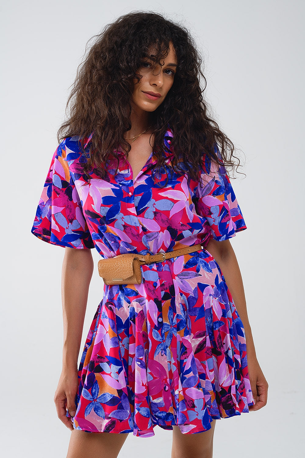 Flowy Short Shirt Dress With Abstrat Print In Fuchsia and Purple - Dresses