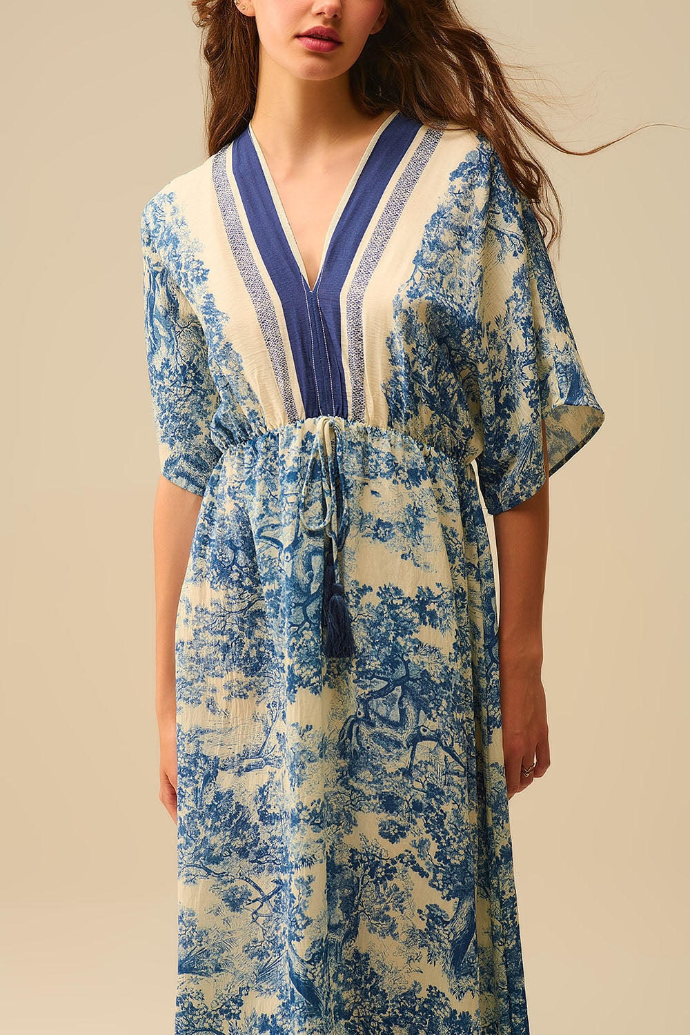 Flowy V-neck Dress with Toile de Jouy Print - Dresses