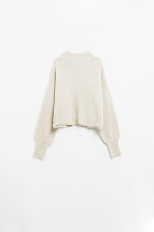 Fluffy beige sweater with high neck and balloon sleeves