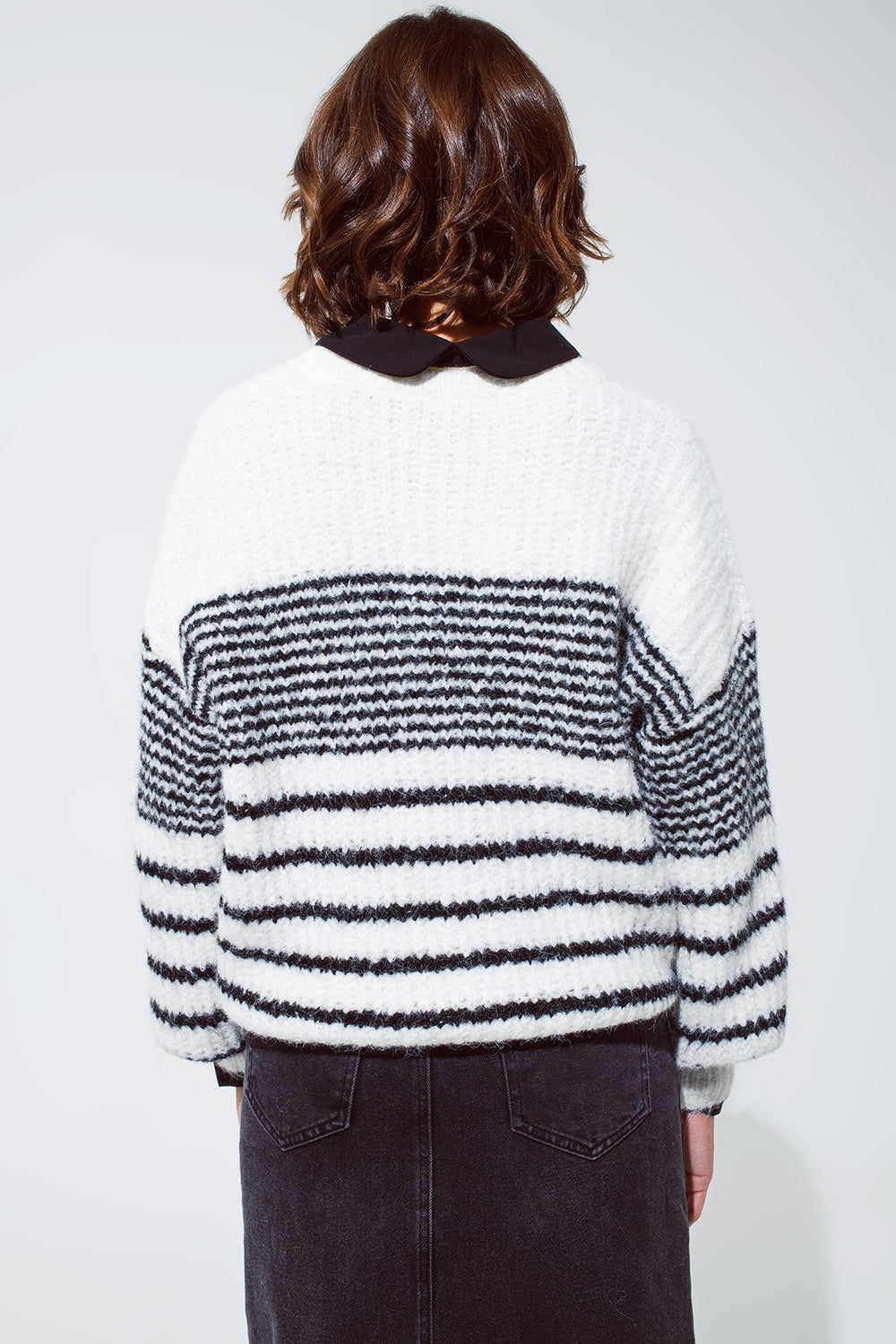 Fluffy Crew Neck Sweater With thin Black Stripes in White Q2 Sweaters BoutiqueLua