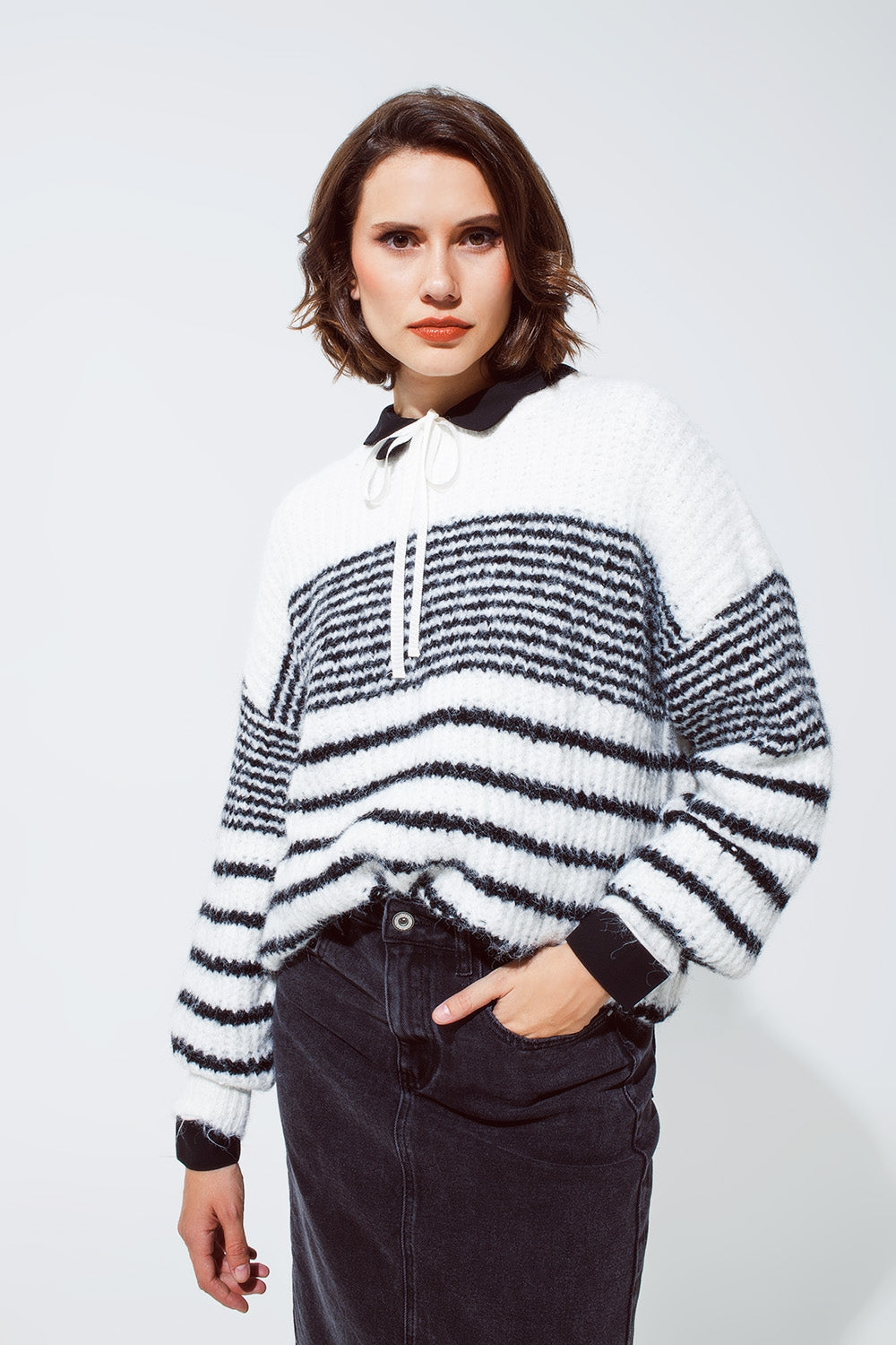 Q2 Fluffy Crew Neck Sweater With thin Black Stripes in White