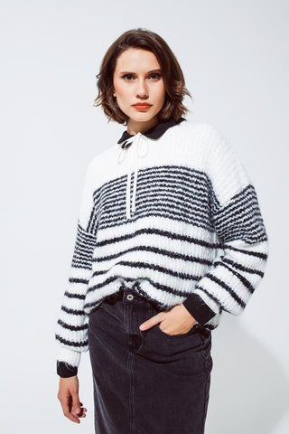 Fluffy Crew Neck Sweater With thin Black Stripes in White