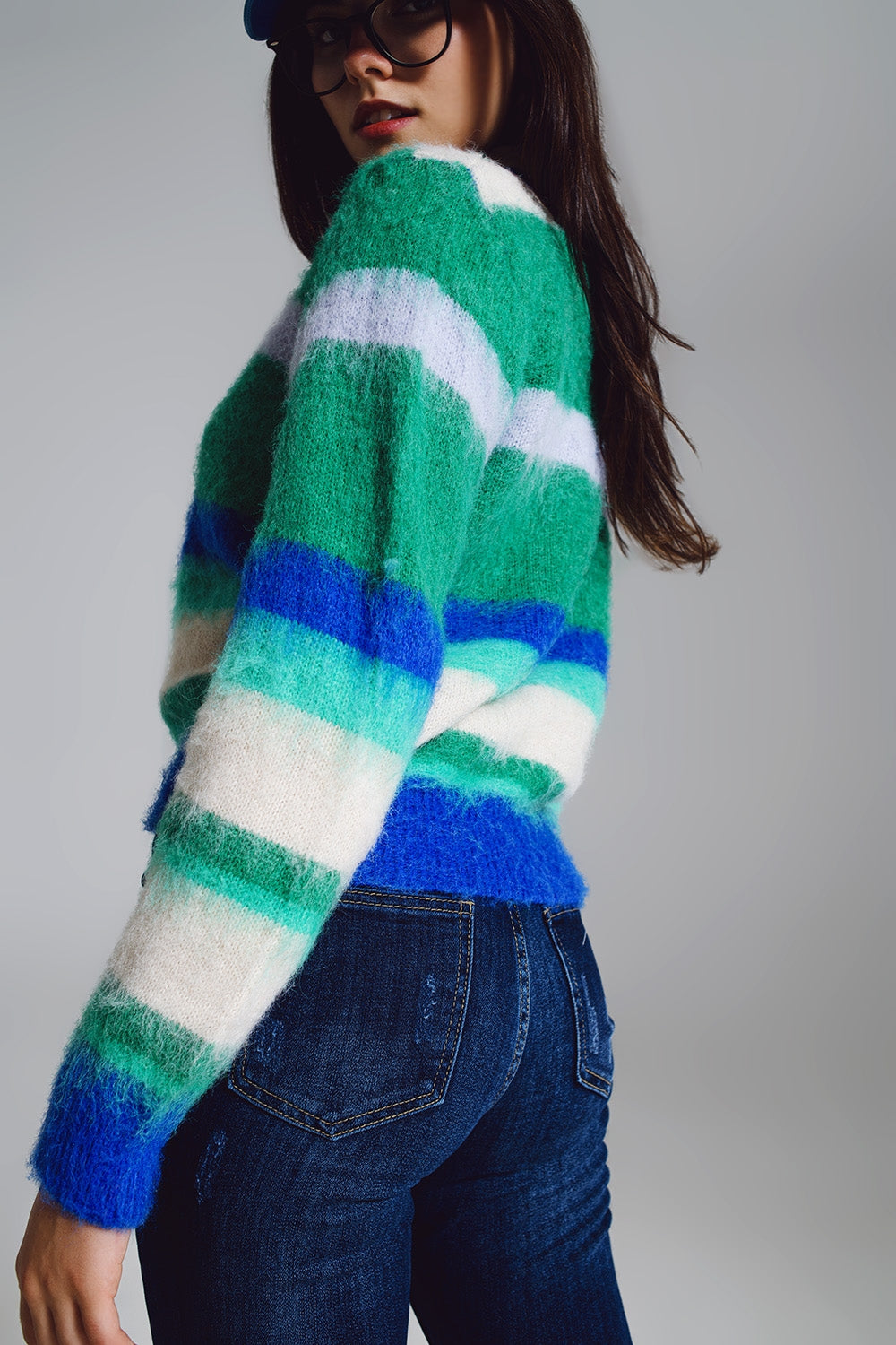 Fluffy Stripy Sweater in Shades of Blue Green and White. - Jumpers
