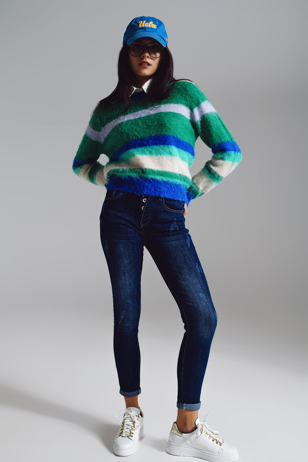 Fluffy Stripy Sweater in Shades of Blue Green and White. - Jumpers