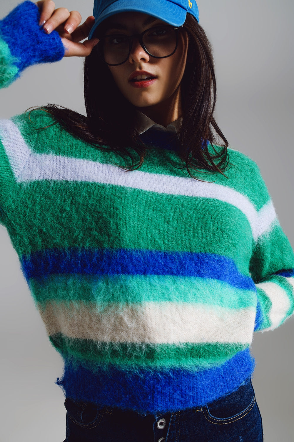 Fluffy Stripy Sweater in Shades of Blue Green and White. - Jumpers