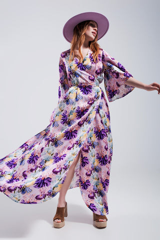 Flutter sleeve maxi dress in purple floral print