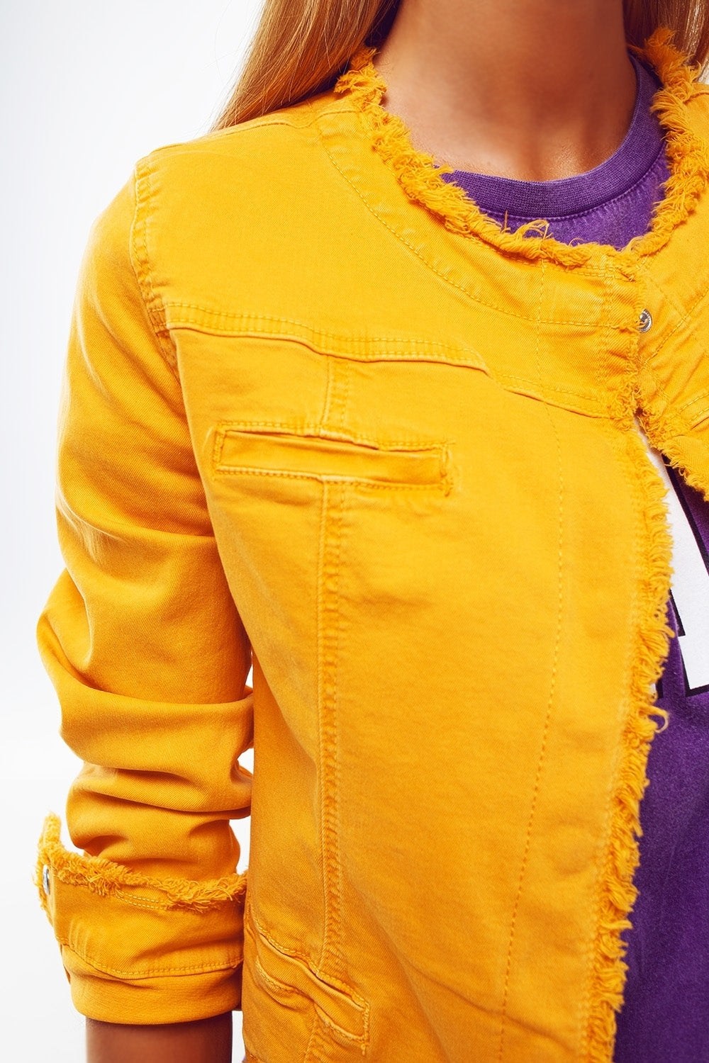 Frayed Ends Denim Jacket in Yellow Q2 Coats and Jackets BoutiqueLua