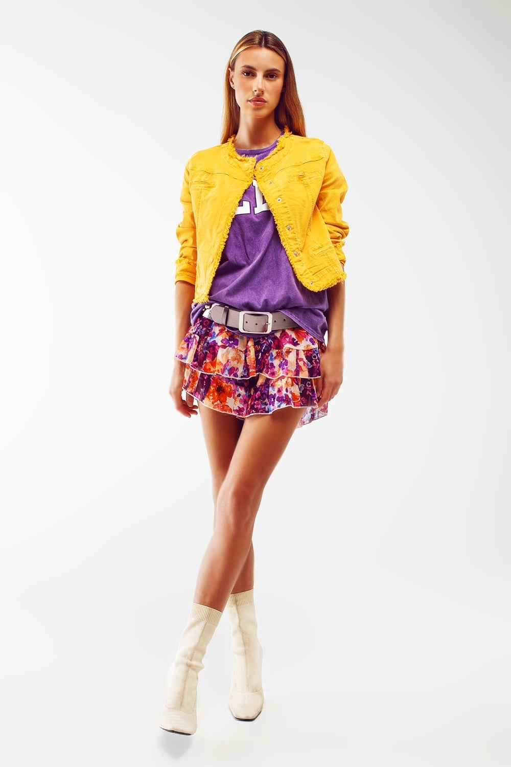 Frayed Ends Denim Jacket in Yellow Q2 Coats and Jackets BoutiqueLua