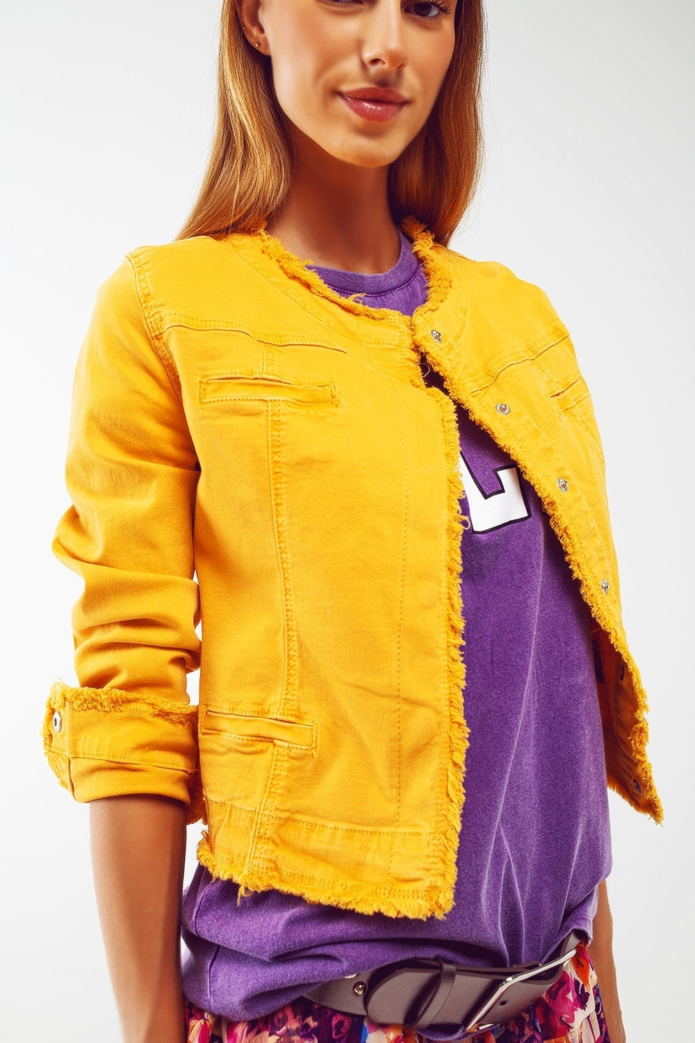 Frayed Ends Denim Jacket in Yellow Q2 Coats and Jackets BoutiqueLua