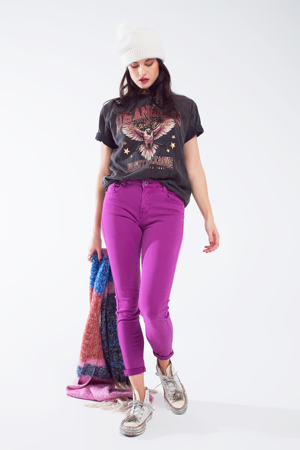Fuchsia ankle super skinny jeans with soft wrinkles - Jeans
