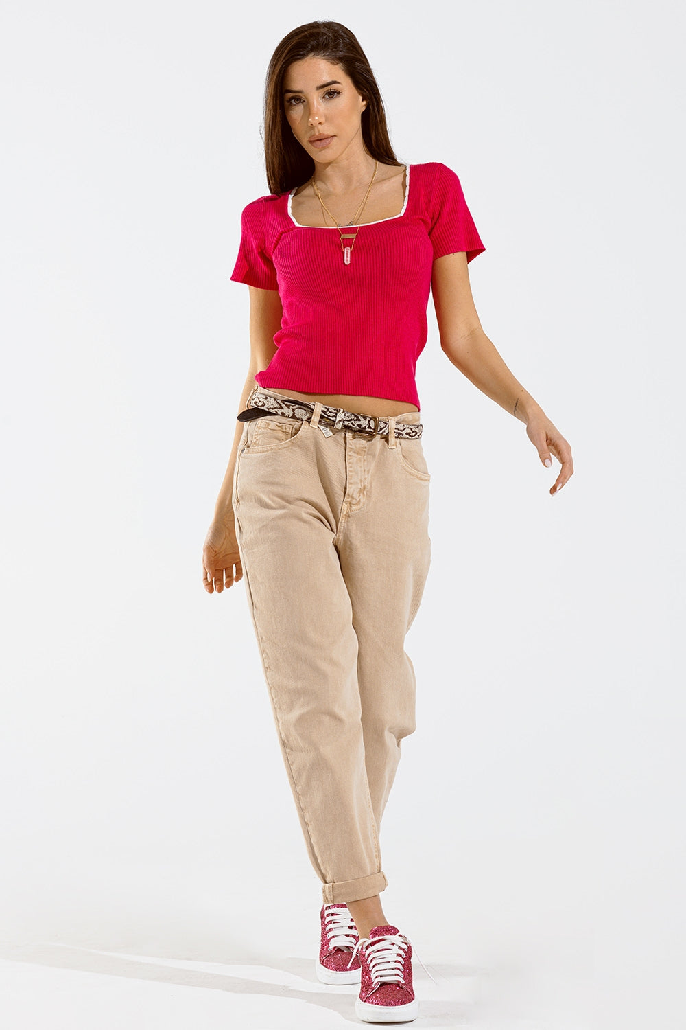 Fuchsia Knitted Short Sleeve Sweater With Square Neck and White Trim Q2 Sweaters BoutiqueLua