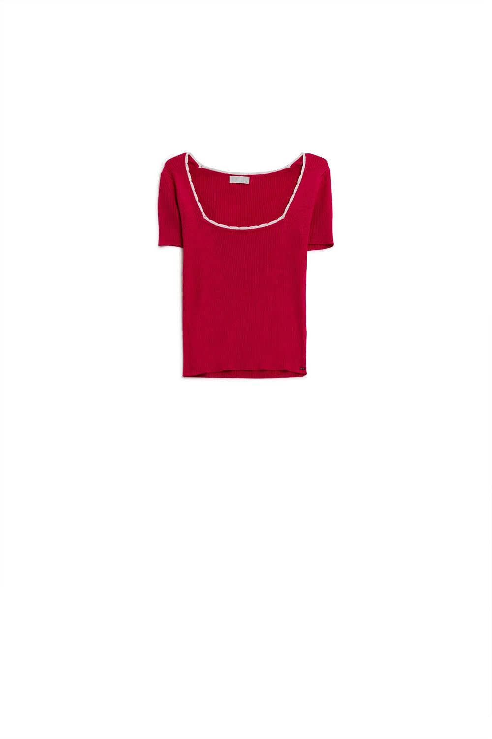 Fuchsia Knitted Short Sleeve Sweater With Square Neck and White Trim Q2 Sweaters BoutiqueLua