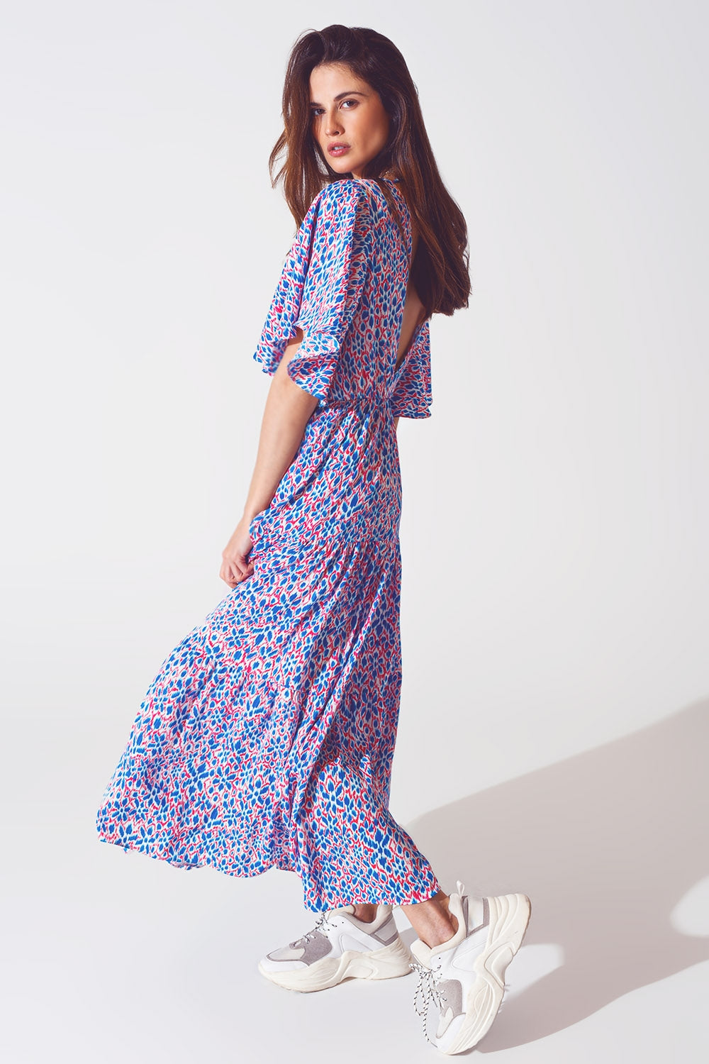 Full Length Dress With Open Tie back in Purple Print Q2 Dresses BoutiqueLua
