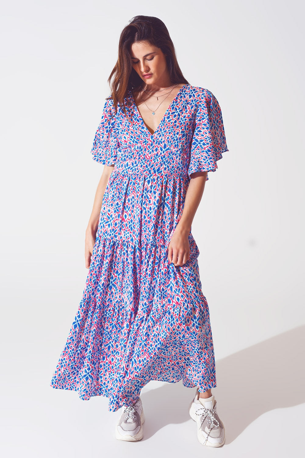 Full Length Dress With Open Tie back in Purple Print Q2 Dresses BoutiqueLua