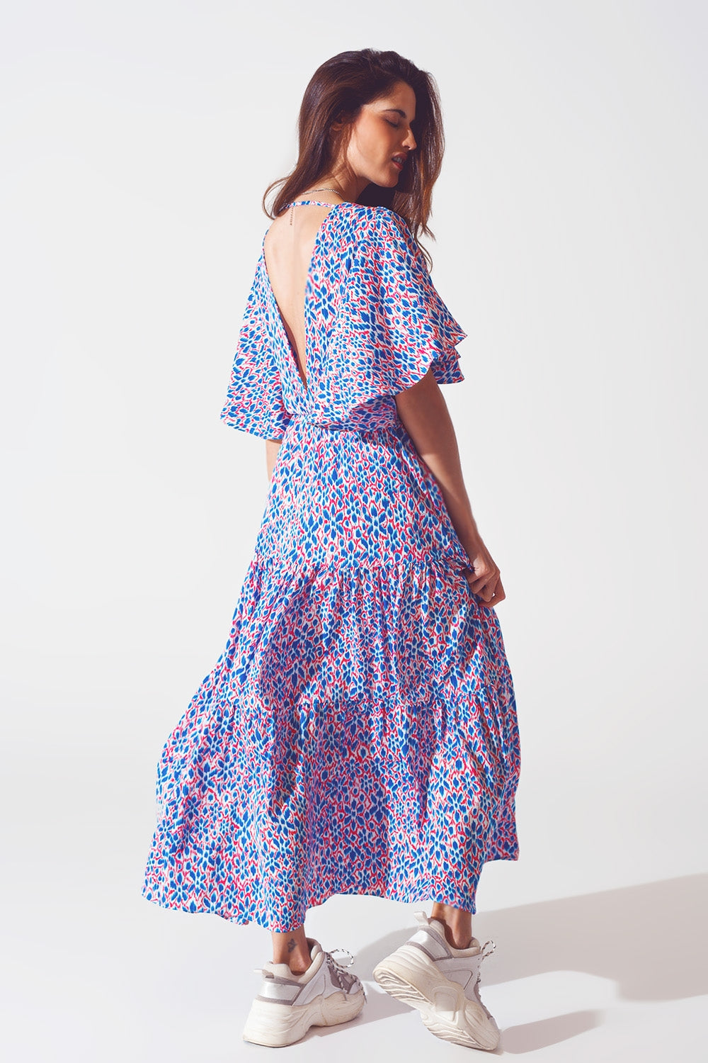 Full Length Dress With Open Tie back in Purple Print Q2 Dresses BoutiqueLua
