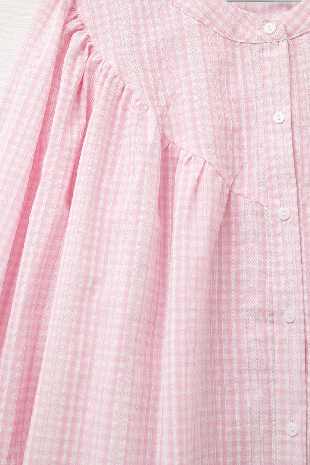 Gingham Pale Pink Collarless Blouse With Wide Sleeves - Blouses