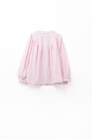 Gingham Pale Pink Collarless Blouse With Wide Sleeves