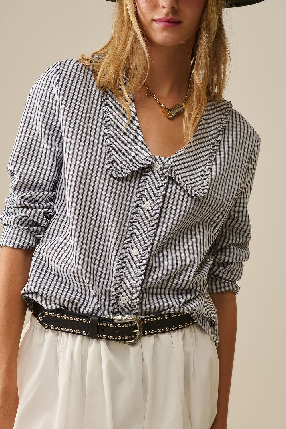 Gingham peter pan collar blouse in Black and White - Shirts