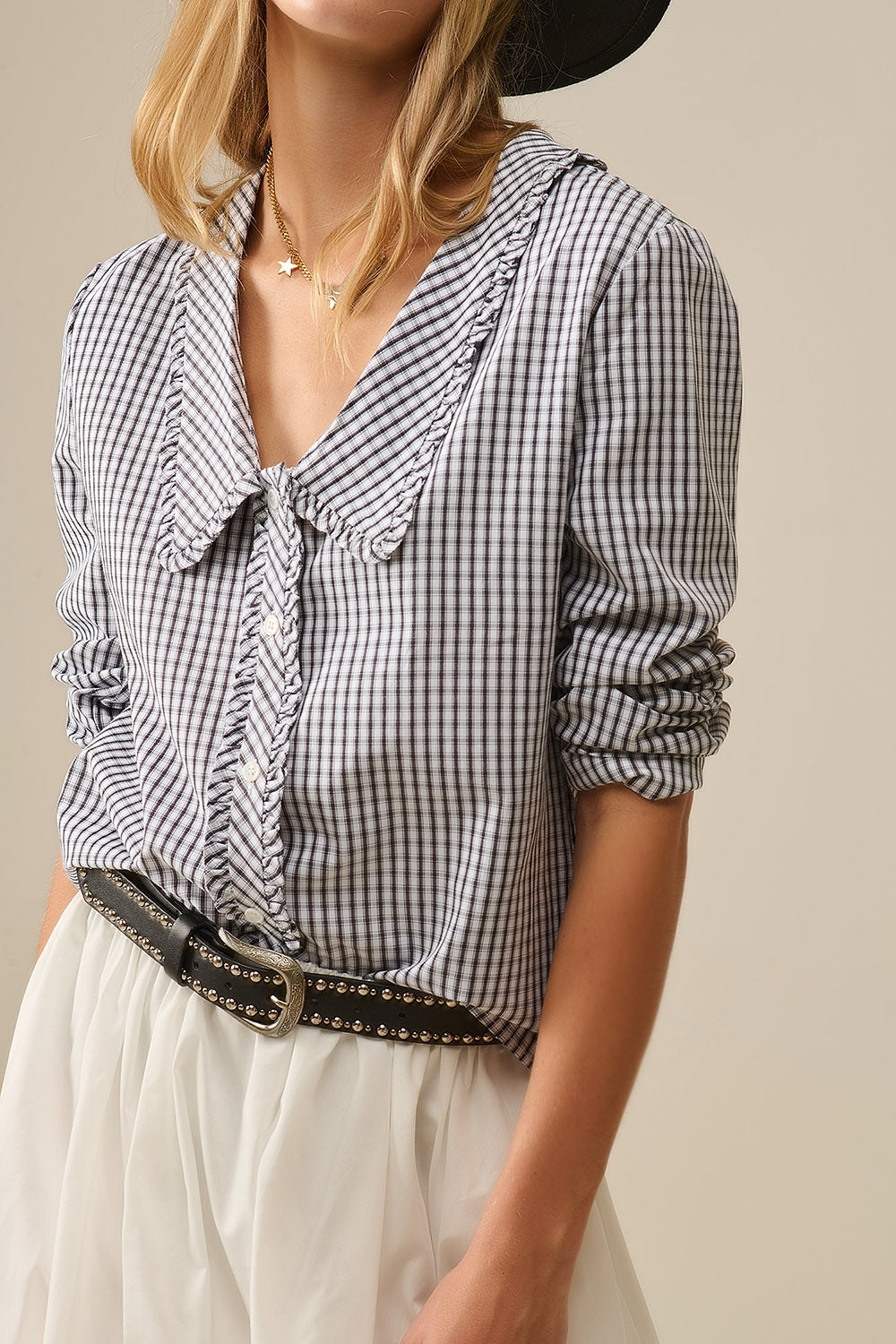 Gingham peter pan collar blouse in Black and White - Shirts
