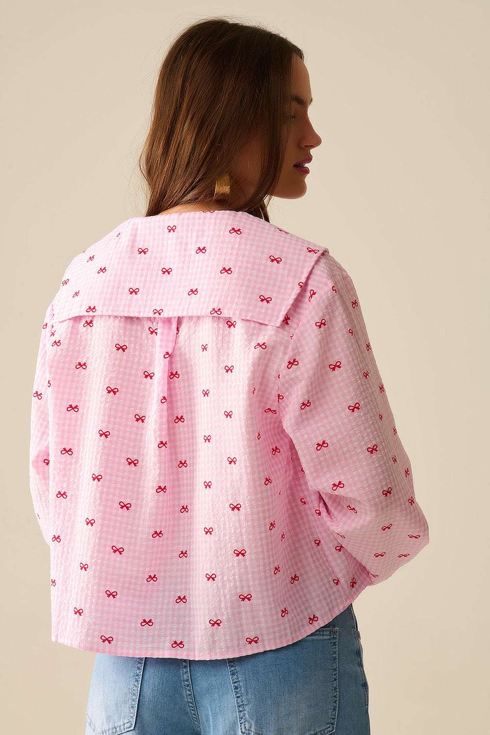 Gingham Peter Pan Collar Blouse in Pink With Bow Print - Blouses