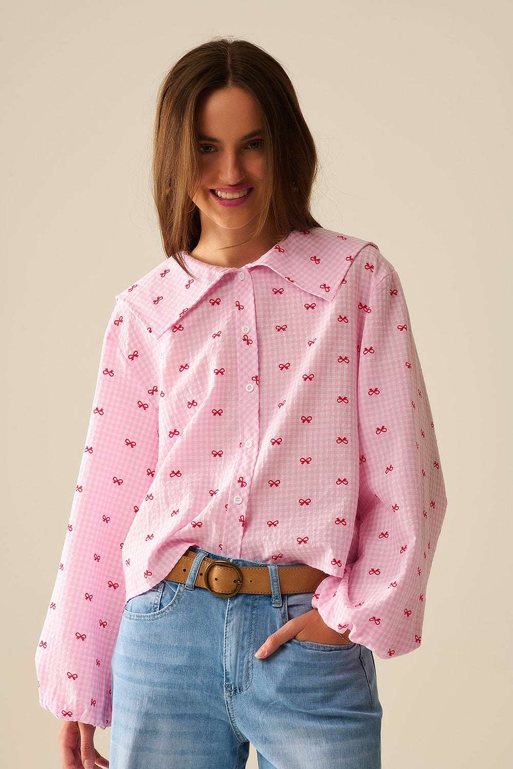 Gingham Peter Pan Collar Blouse in Pink With Bow Print - Blouses