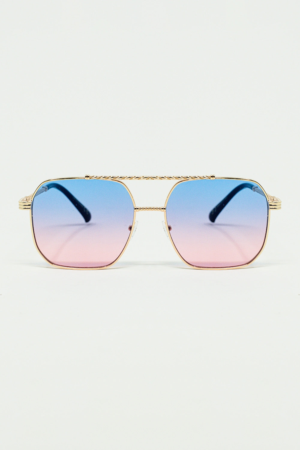 gold square frame sunglasses in ombre light blue with pink - Sunglasses