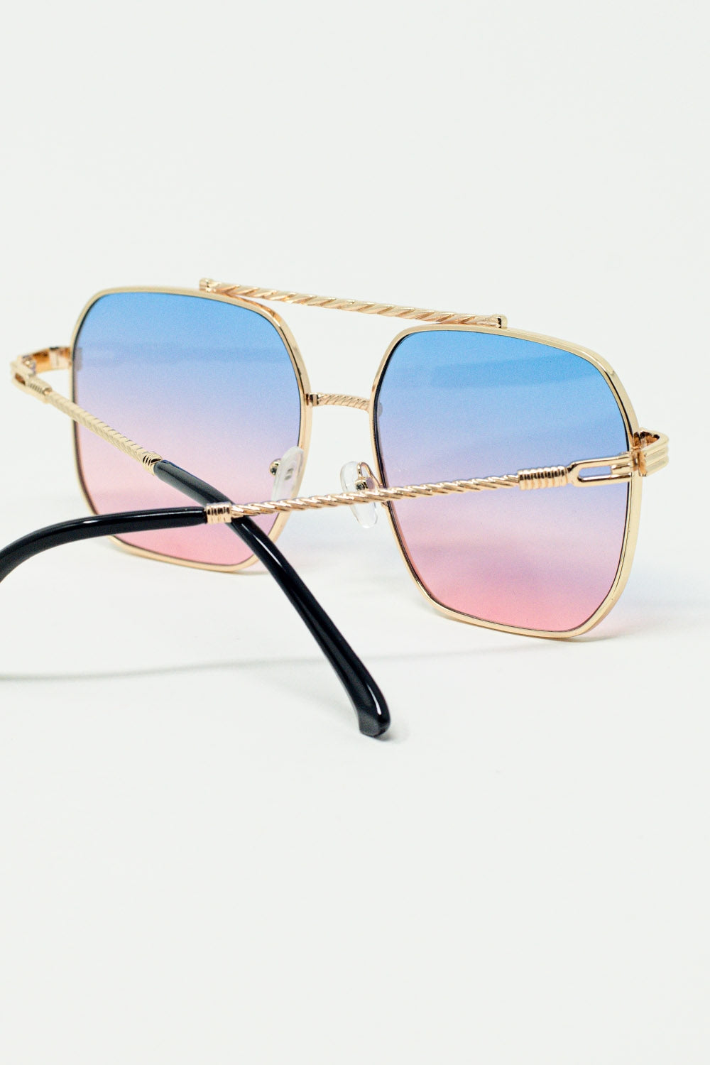 gold square frame sunglasses in ombre light blue with pink - Sunglasses