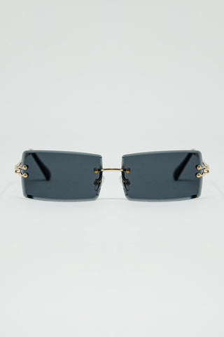 Gold Thin Rimless Square Sunglasses With Black Lenses