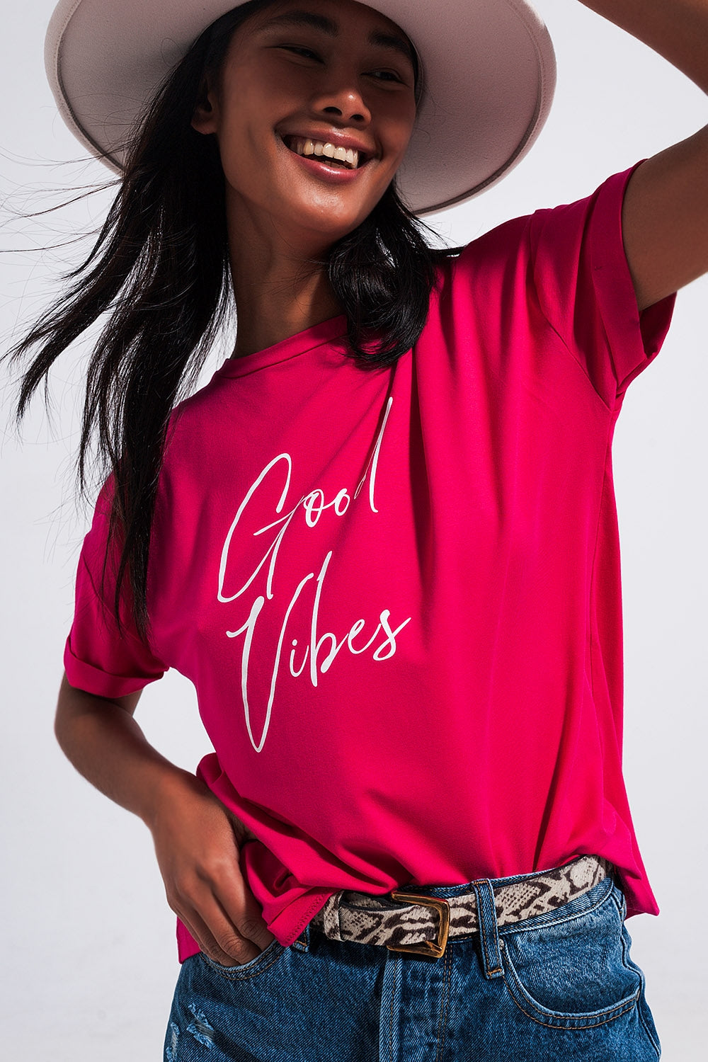 Good Vibes slogan tee in fuchsia Q2 Tops BoutiqueLua