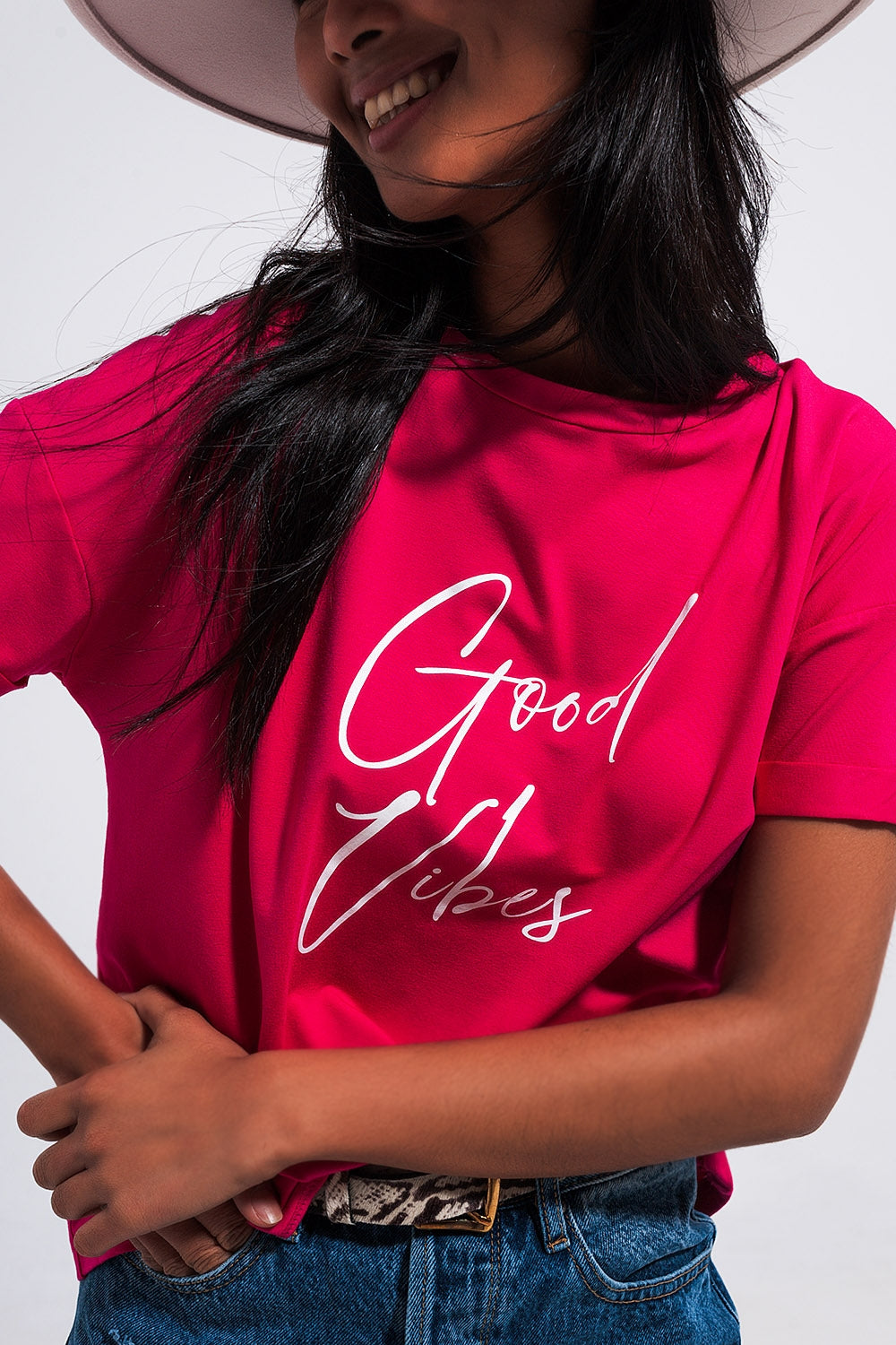 Good Vibes slogan tee in fuchsia Q2 Tops BoutiqueLua